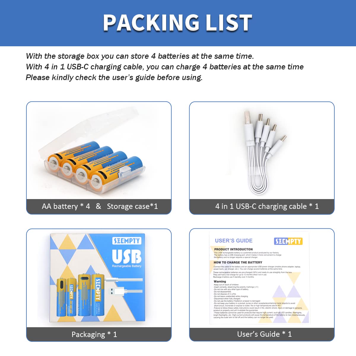 High-Capacity 1.5V AA Lithium Rechargeable Batteries with Fast USB-C Charging - 2600mWh Li-ion Double A Battery Pack of 4 | Includes 4-in-1 Charging Cable | Quick Charge in 2 Hours | Perfect for Cameras, Gaming Controllers & Smart Home Devices
