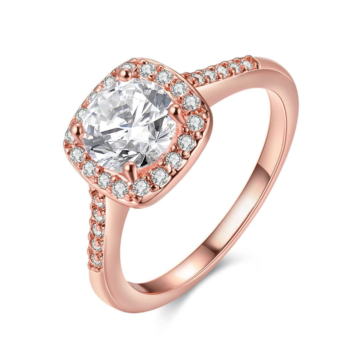 18K Rose Gold Plated Crystal Halo Engagement Ring for Women - Elegant Pave Band Wedding Jewelry (Rose Gold, Size 6) | Perfect for Proposals, Anniversaries & Special Occasions