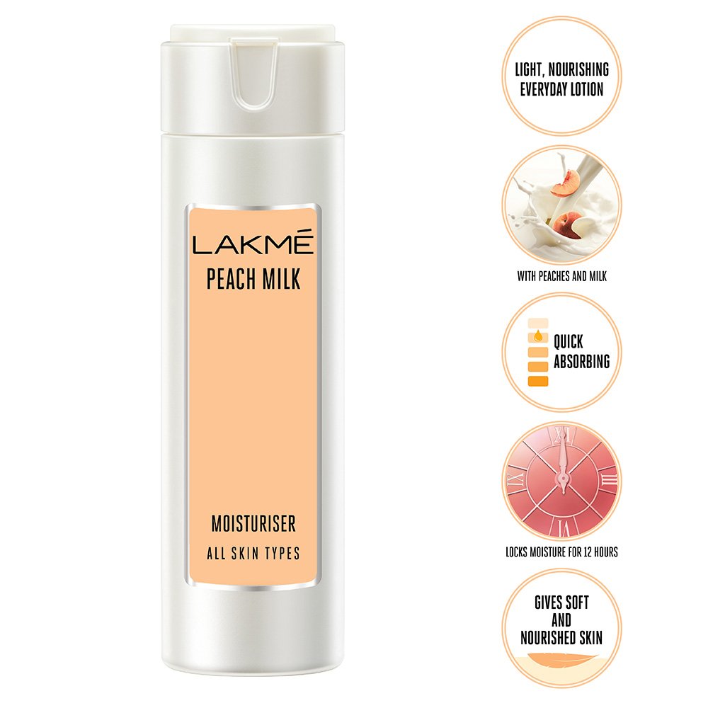Lakmé Peach Milk Moisturizer Body Lotion - Lightweight, Non-Sticky, 12-Hour Hydration, 120ml - Perfect for Dry Skin & Daily Moisturizing Routine