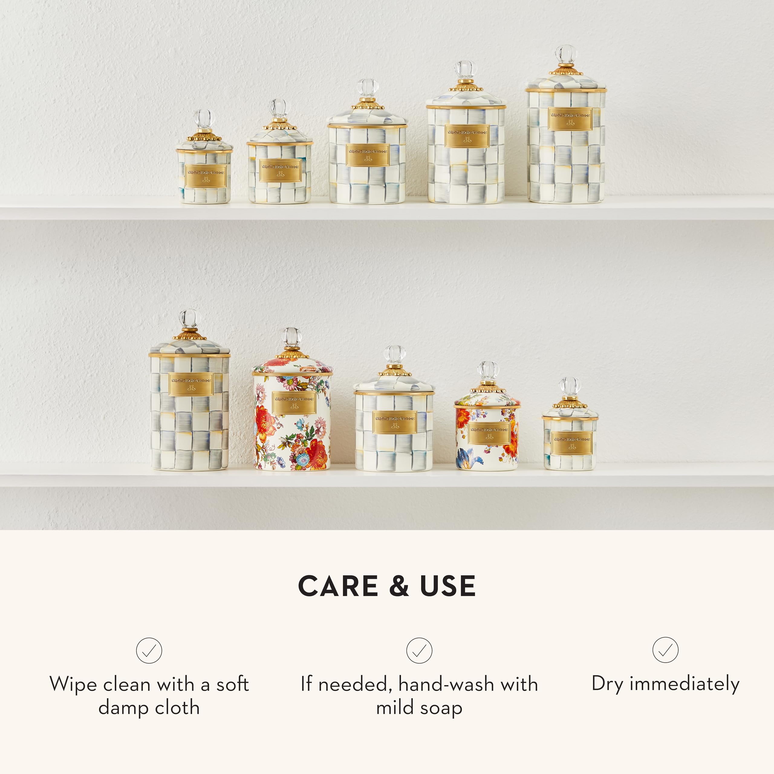 Mackenzie-Childs Small Enamel Canister - 1.13L Kitchen Storage Container for Flour, Sugar & Dry Goods - Grey & White Sterling Check Design - Perfect for Pantry Organization & Farmhouse Style Decor