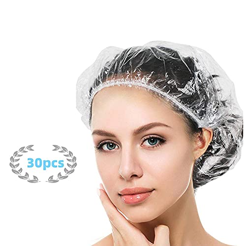 YIZIJIZI 30PCS Disposable Shower Caps - Large Thick Clear Waterproof Hair Covers for Women (20.5 Inch) - Ideal for Home, Spa, Hotel, Hair Salon & Travel - Keep Hair Dry While Bathing, Swimming or Styling