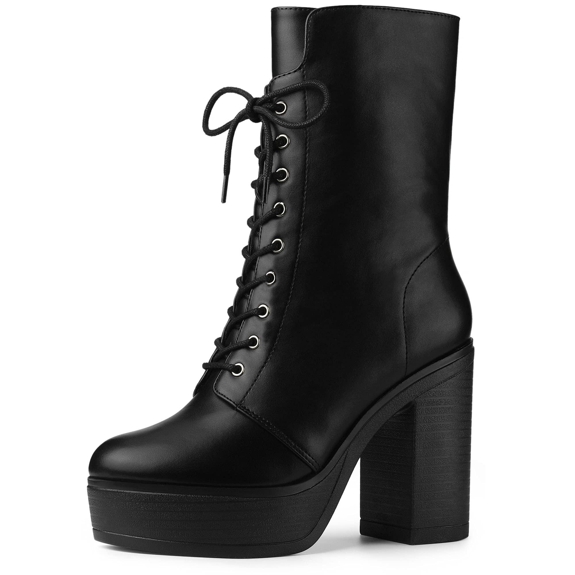 Allegra K Women's Chunky Heel Combat Boots - Platform Lace Up Ankle Booties with Stylish Lace Design | Perfect for Fall Outfits, Casual Wear & Night Out