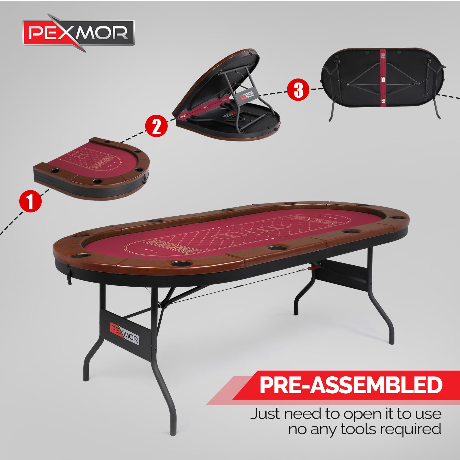 PEXMOR 10 Player Foldable Poker Table with Stainless Steel Cup Holders - Casino Grade Felt & Water Resistant Cushioned Rail - Texas Holdem Blackjack Game Table for Home Casino Nights & Poker Parties (Fully Assembled)