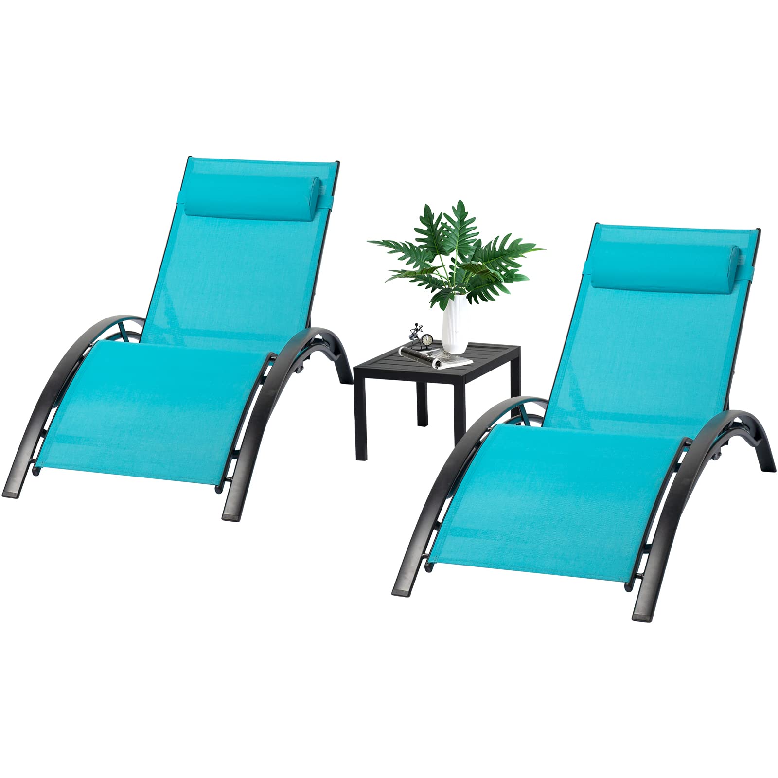 3-Piece Patio Chaise Lounge Chair Set - Aluminum Outdoor Reclining Sun Lounger with Adjustable Headrest & Side Table - Perfect for Poolside, Beach, Garden & Lawn Relaxation (Blue) - Ideal for Sunbathing, Tanning & Outdoor Lounging