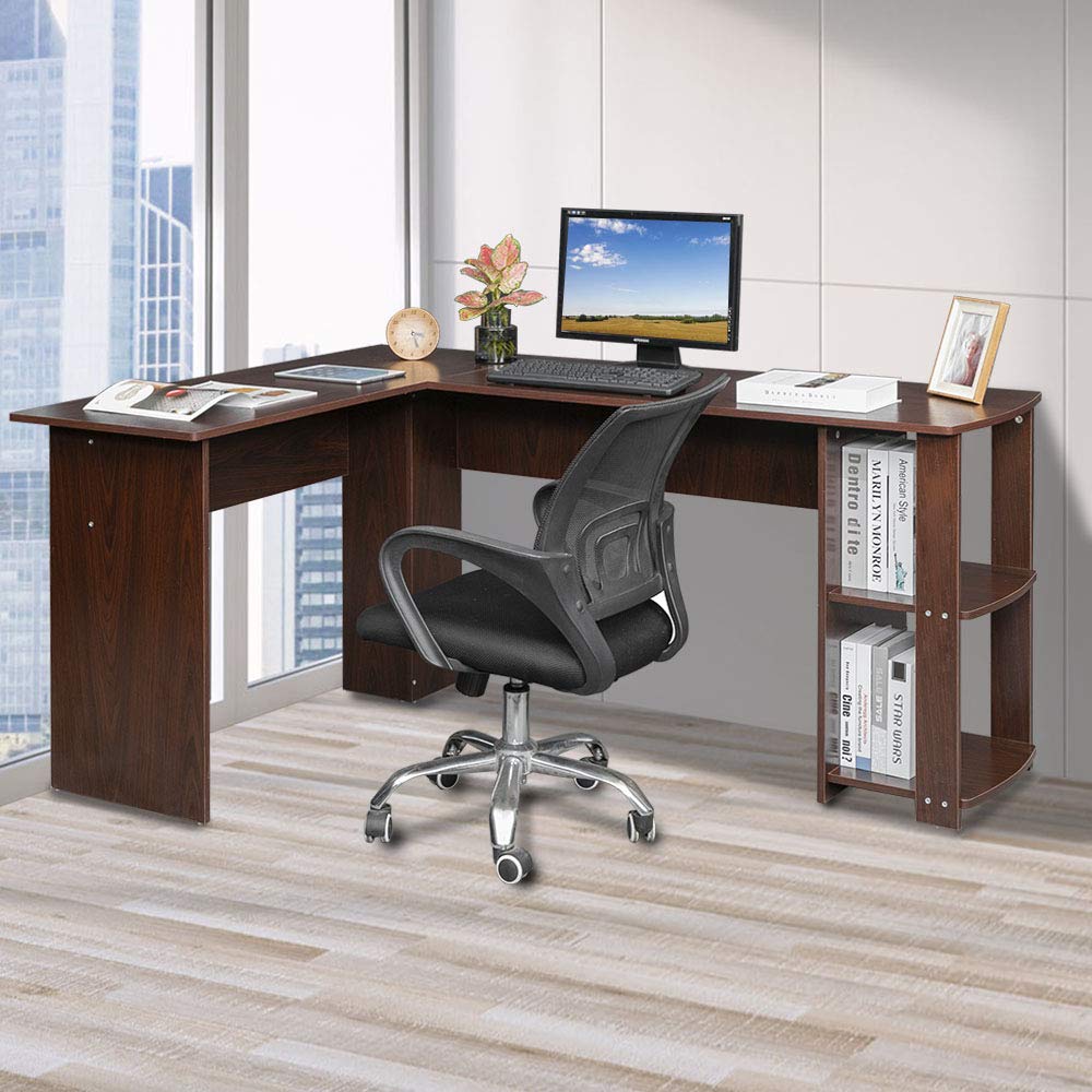 L-Shaped Wooden Corner Desk for Home Office, 52 Inch Computer Workstation with Two-Tier Bookshelves - Perfect for Small Spaces, Gaming & Study Setup