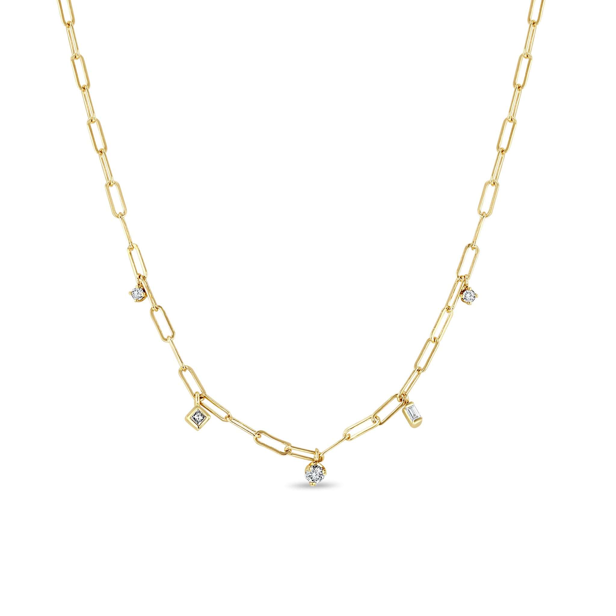 14K Gold 5 Dangling Mixed Diamond Small Paperclip Chain Necklace for Women - Elegant Layered Jewelry Gift for Birthday, Anniversary & Special Occasions