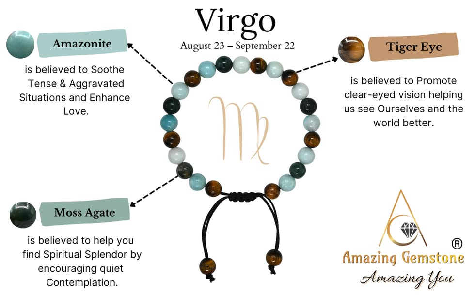 Virgo Zodiac Crystal Bracelet for Women & Men - Amazonite Moss Agate Tiger Eye Healing Bracelet with Adjustable String, Anxiety Relief & Stress Reduction Birthstone Jewelry Gift | Perfect for Meditation, Yoga & Spiritual Healing
