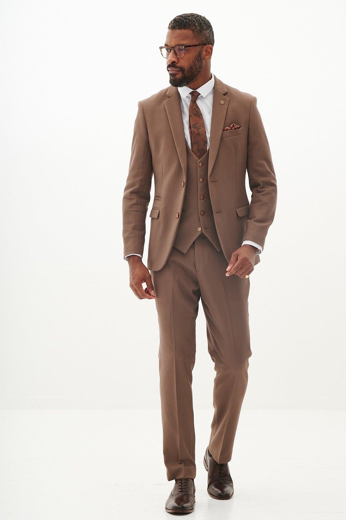 HM5 Tan Tailored Three Piece Suit for Men - Premium Business Formal Wear for Weddings, Interviews & Special Occasions