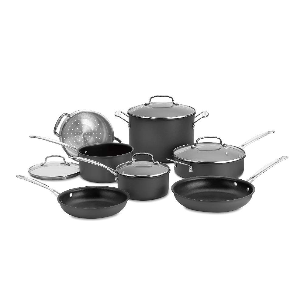 Cuisinart 11-Piece Nonstick Cookware Set - Black Hard Anodized Chef's Classic Pots and Pans for Professional Cooking & Home Kitchen Use