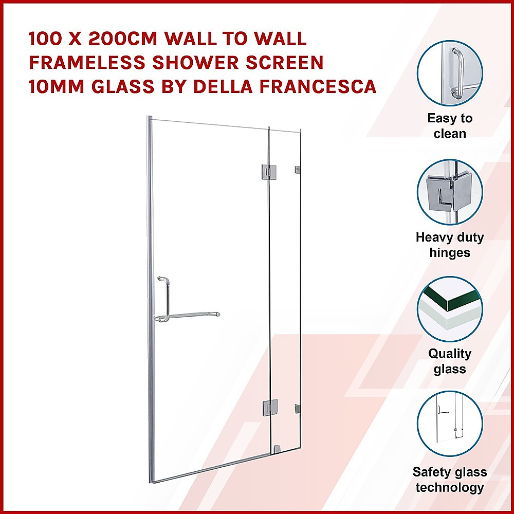 Della Francesca 100x200cm Frameless Shower Screen - 10mm Tempered Glass for Bathroom - Wall to Wall Installation, Modern Design for Home & Hotel Use