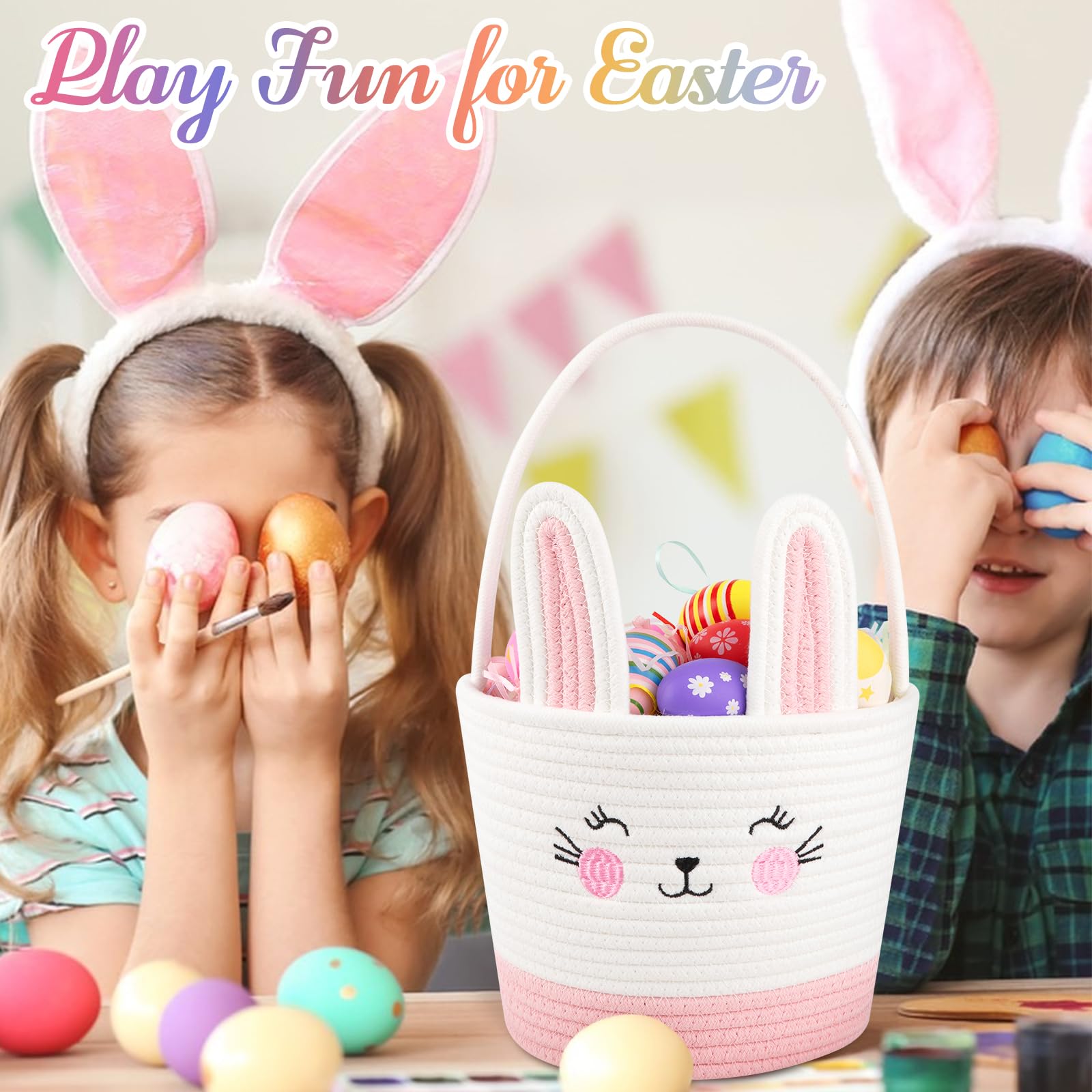 Personalized Easter Basket for Toddlers - 2 Pack Woven Baby Easter Gift Baskets with Handles, Empty Bunny Egg Storage for Girls & Boys (Pink & Blue) - Perfect for Easter Egg Hunts, Party Favors, and Spring Decorations
