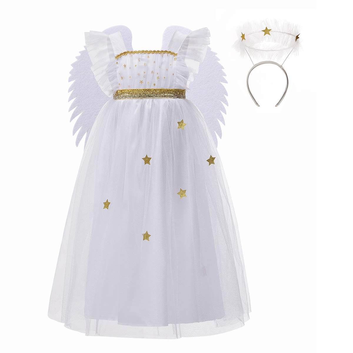 White Starlight Angel Costume for Girls - Sparkly Fairy Dress with Wings & Halo - Perfect for Halloween, Christmas Pageants & Fairy Tale Dress-Up