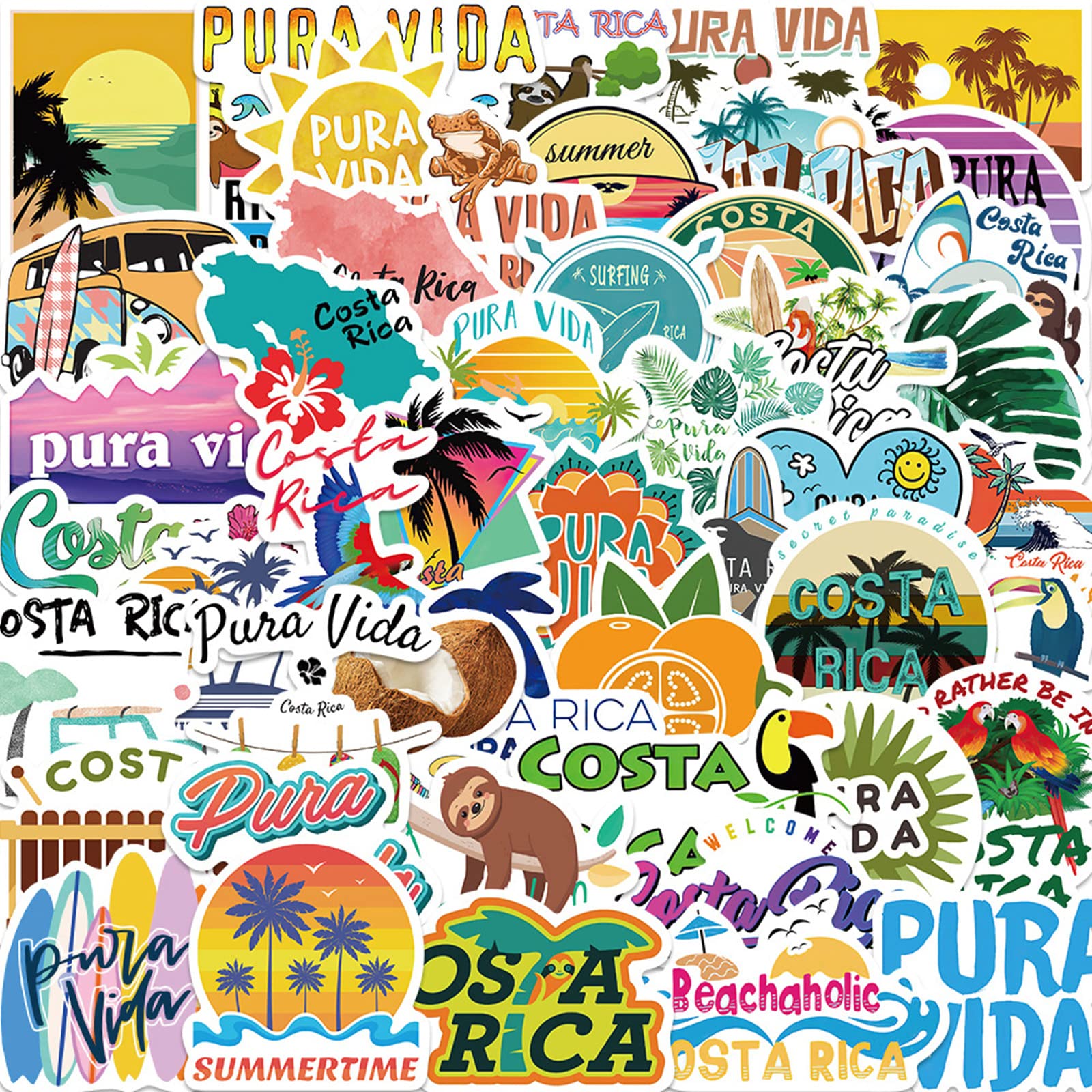 50Pcs Costa Rica Stickers Pack - Waterproof Vinyl Decals for Water Bottles, Laptops, Scrapbooks | Tropical Pura Vida Aesthetic Stickers for Kids, Teens & Adults | Perfect for Travel Journals, Summer Decor & DIY Crafts