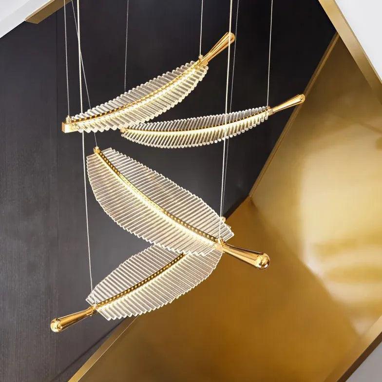Feather Shaped Gold LED Pendant Light - Modern Glass Chandelier for Dining Room, Bedroom, or Living Room Decor