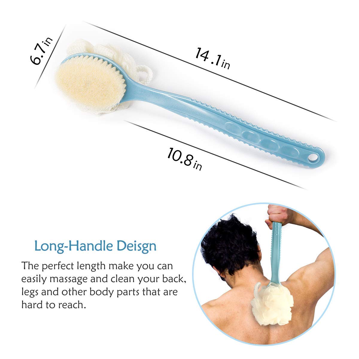 Onlyeasy 2 in 1 Bath Body Brush with Soft Loofah & Bristles - Long Handle Back Scrubber for Wet/Dry Use - Exfoliating Shower Brush for Women & Men - Perfect for Body, Face & Spa Care - Ideal for Deep Cleansing, Dead Skin Removal & Relaxing Massage
