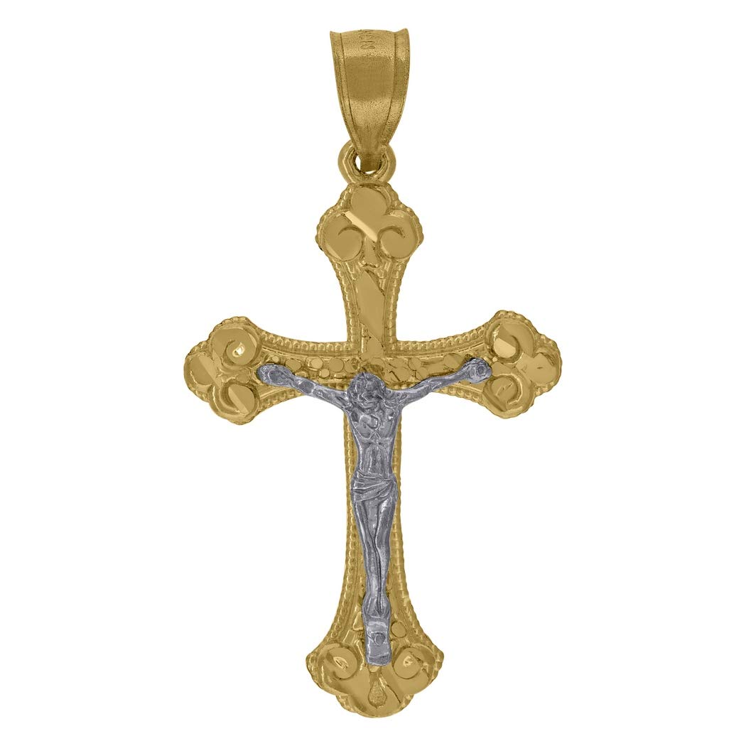 10K Two-Tone Gold Nugget Textured Crucifix Cross Pendant Necklace for Men & Women - 41.1mm Religious Jewelry Gift (Perfect for Baptism, Confirmation & Everyday Faith Wear)