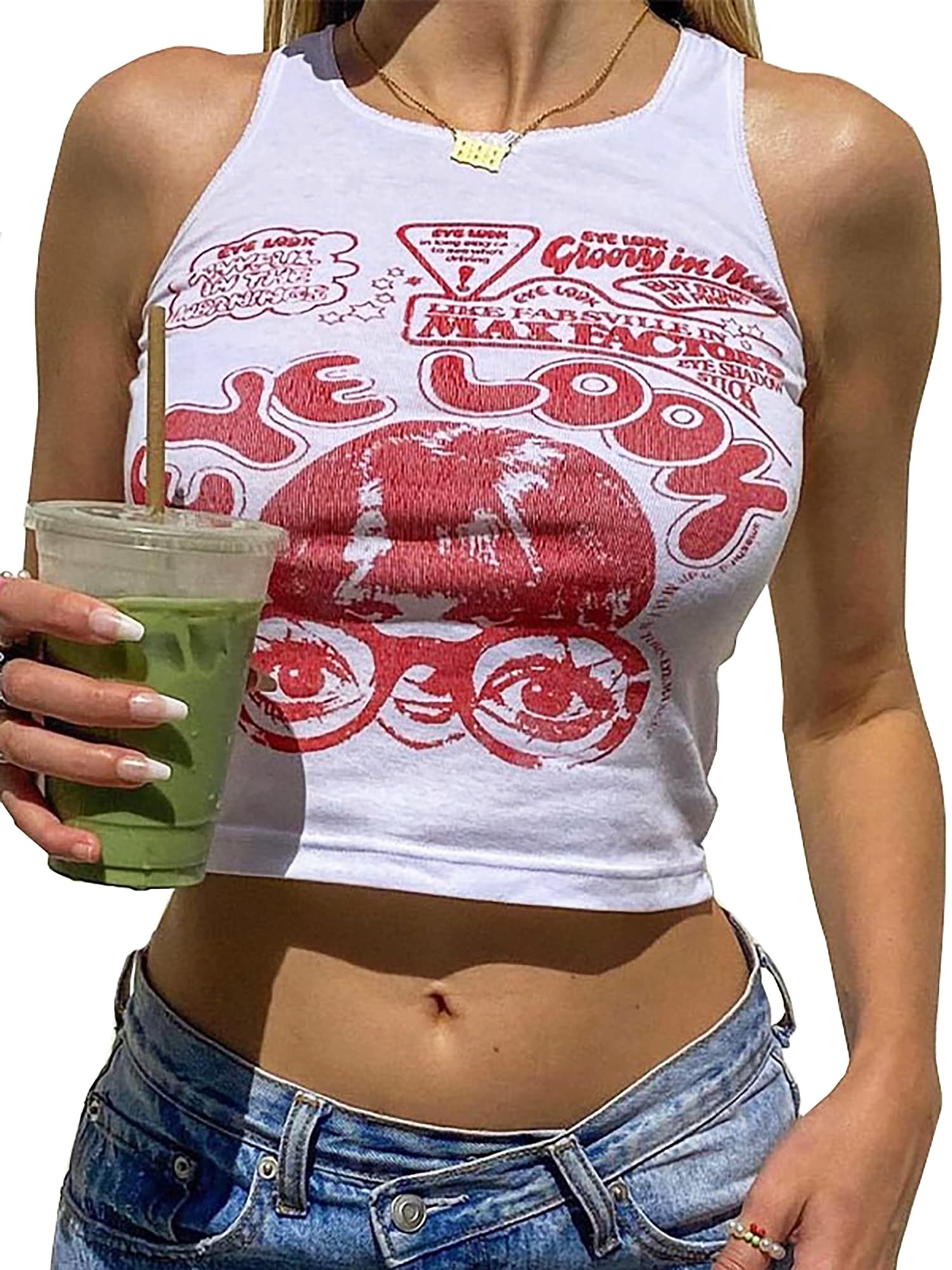 LQI Women's Y2K Style Ribbed Sleeveless Crop Tank Tops - Summer Fashion Guitar Print Casual Tops for Music Festivals, Beach Outfits & Streetwear