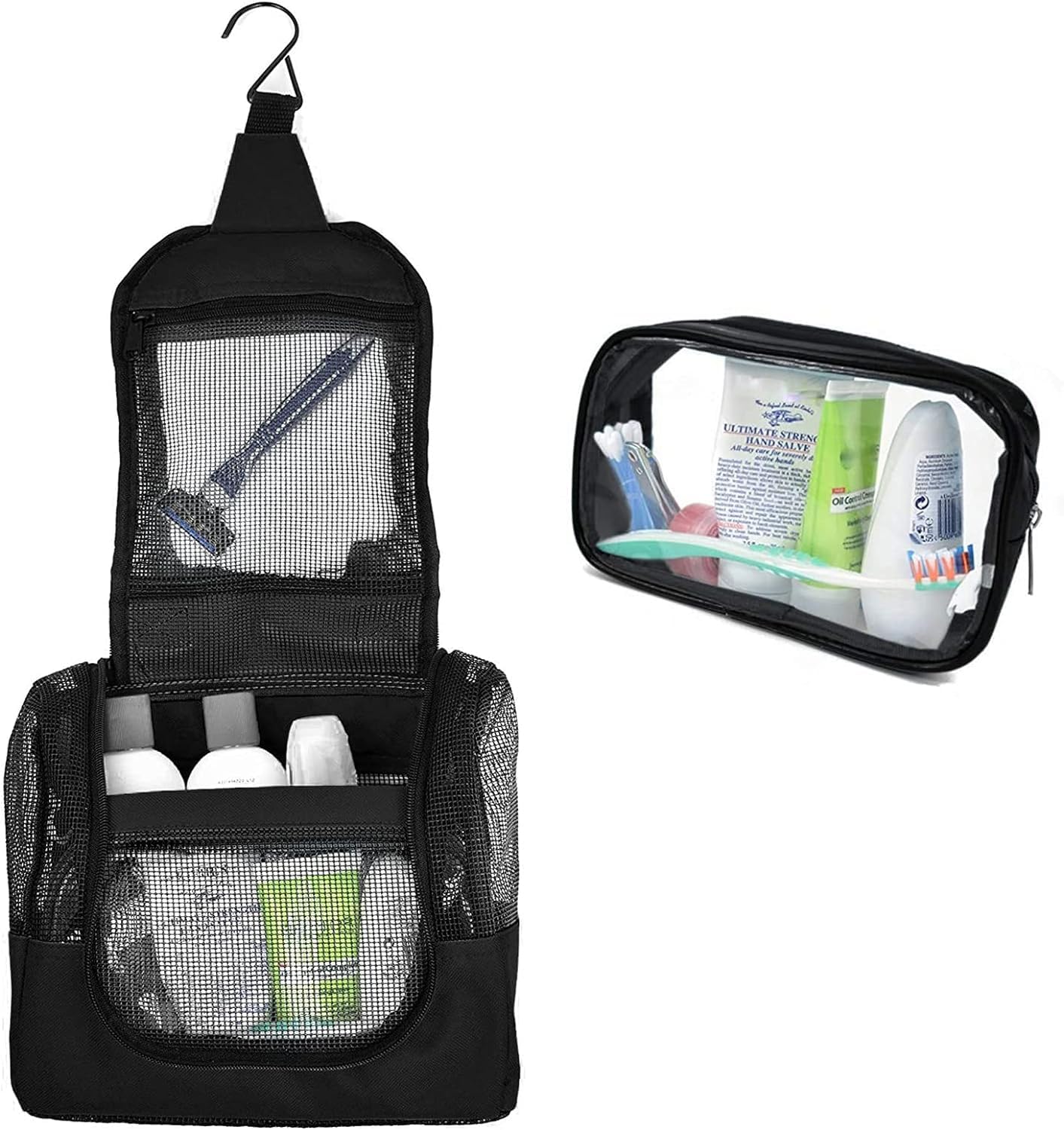 Portable Hanging Shower Caddy Organizer - Quick Dry Mesh Bathroom Storage Bag with Metal Hook & Free Toiletries Case (10”x4”x8”, Black) - Perfect for College Dorm, Camping, Gym & Travel Accessories