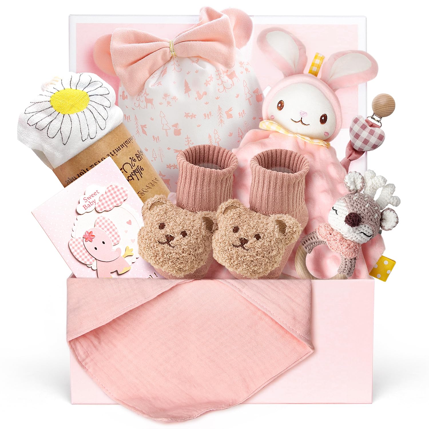 10-Piece Baby Girl Gift Set - Newborn Essentials with Rattle & Swaddle Blanket - Perfect for Baby Showers, Gender Reveal Parties & New Mom Gifts