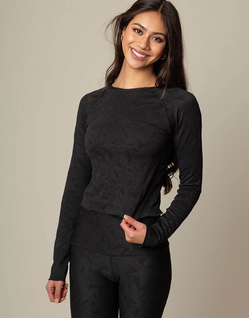 Superstar Jacquard Long Sleeve Top for Women - Elegant Knit Blouse with Floral Pattern - Perfect for Office, Date Night & Fall Layering