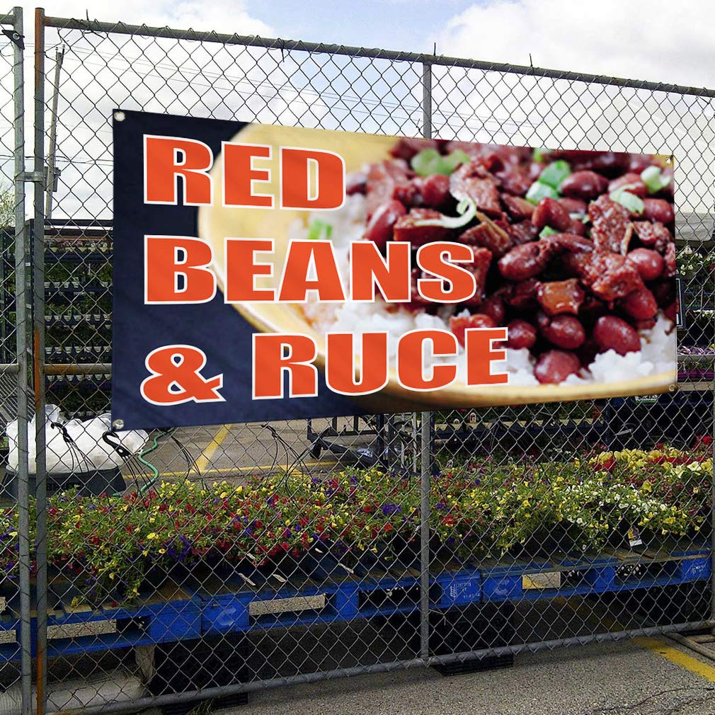 Vinyl Banner - 24x36 Inches, Weatherproof Outdoor Sign with 4 Grommets for Restaurants, Food Advertising & Industrial Yard Use | Red Beans & Rice Design