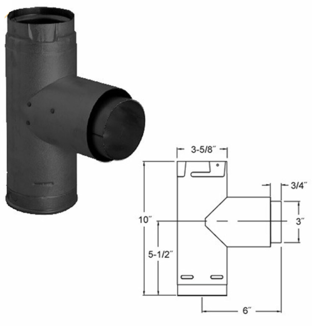 Duravent 3 Inch Black Adapter Tee with Cleanout - High Temperature Vent Pipe Connector for Wood Stove, Fireplace & Pellet Stove Installation