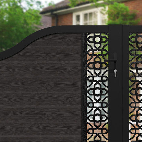 Classic Alnara Curved Top Driveway Gate - Dark Oak Finish with Middle Screen - Elegant & Durable Driveway Entrance Solution for Homes & Estates