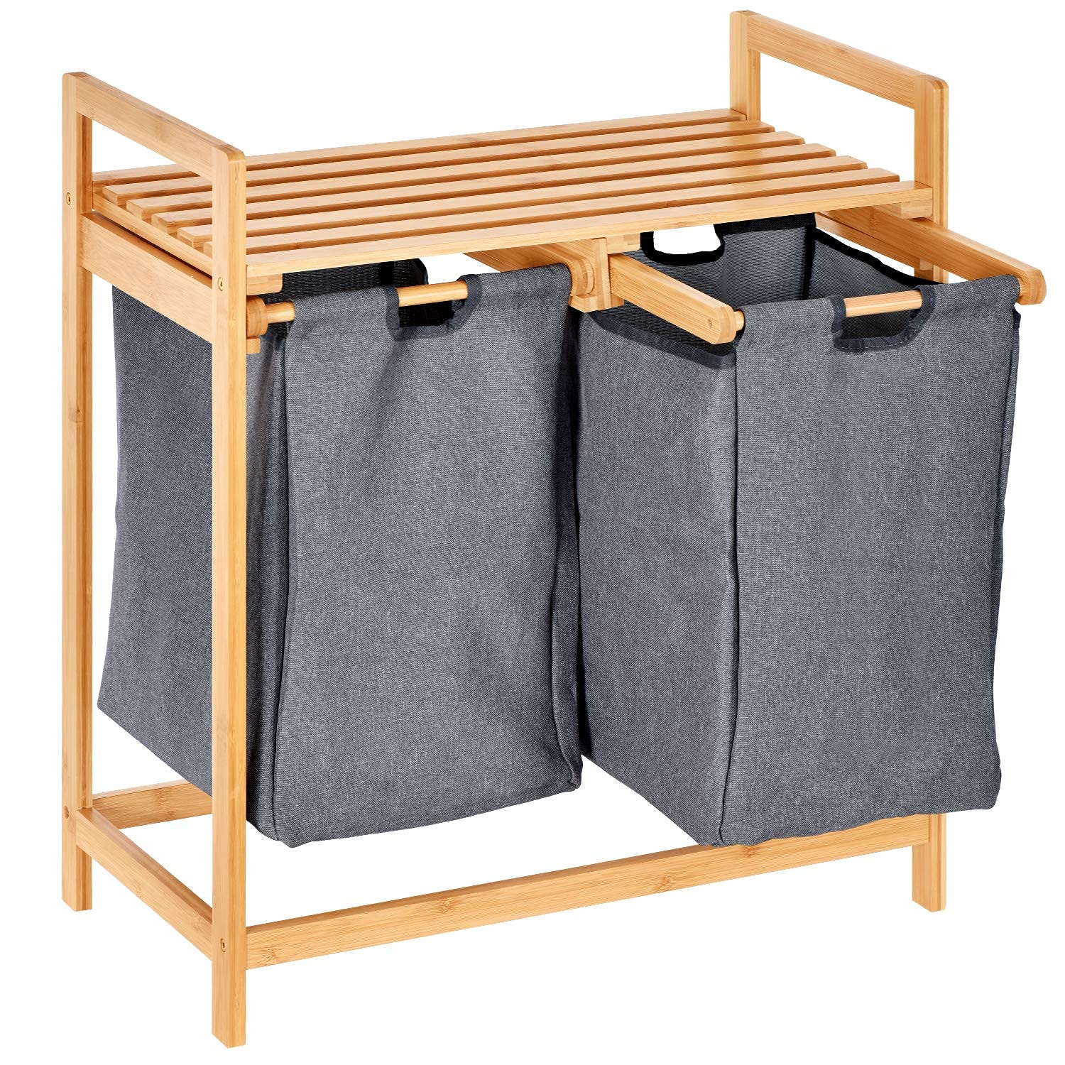 Bamboo Hamper with Dual Compartments & 5-Tier Freestanding Bathroom Organizer Shelf - ToiletTree Premium Bamboo Storage Bundle for Laundry, Towels & Bath Essentials | Space-Saving Bathroom Organization Solution