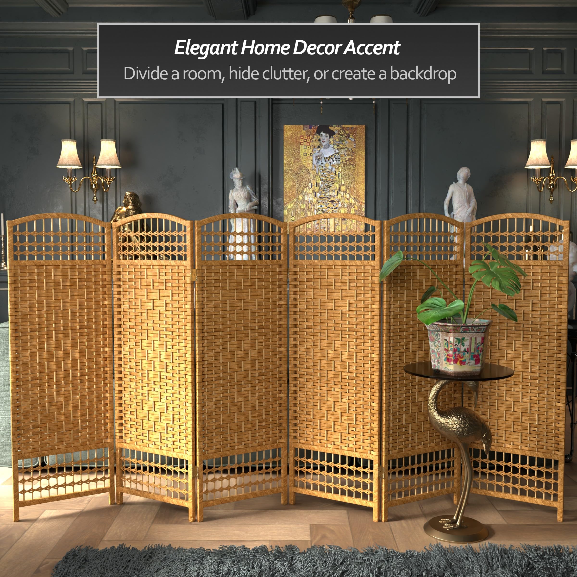 4 ft. Short Fiber Weave Folding Room Divider Screen - Light Beige - 6 Panels for Home Office, Living Room, and Bedroom Privacy