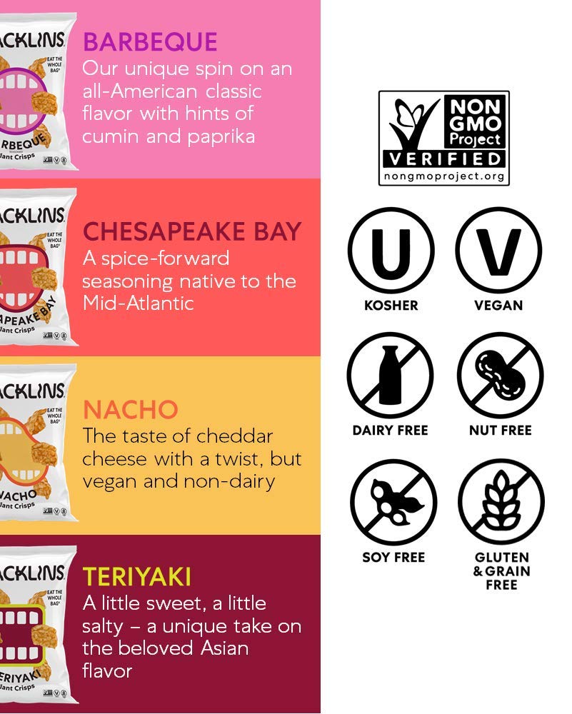 SNACKLINS Plant Based Crisps - 4 Flavor Variety Pack (Nacho, BBQ, Teriyaki, Chesapeake Bay) | Gluten Free, Grain Free, Vegan, Kosher, No Added Sugar | Healthy Crunchy Puffed Snacks | Perfect for Parties, Road Trips & Office Snacking | 0.9oz Bags (Case of 48)