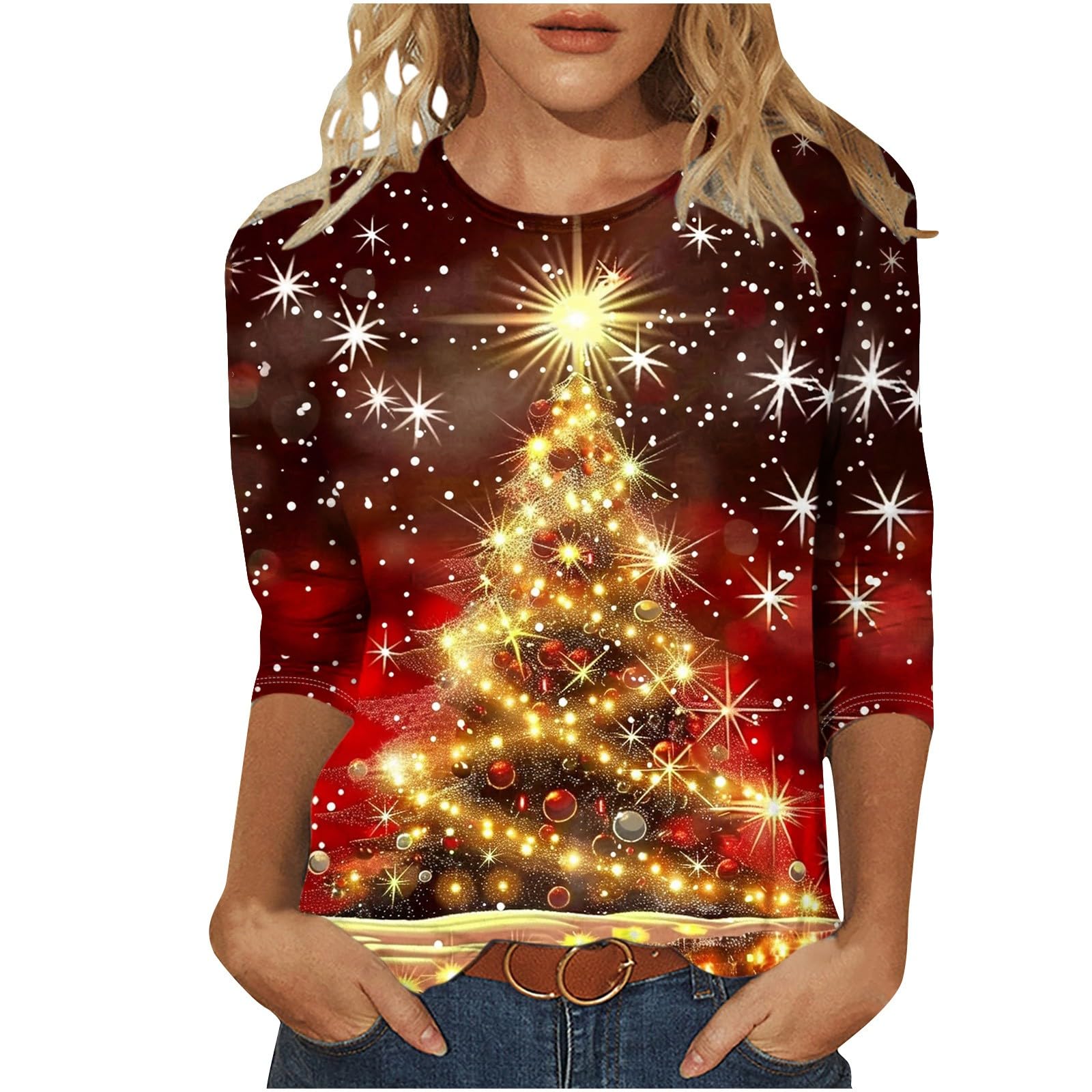 Festive Christmas Tops for Women 2024 - Glitter Tree Print Blouses for Holiday Parties & Gatherings