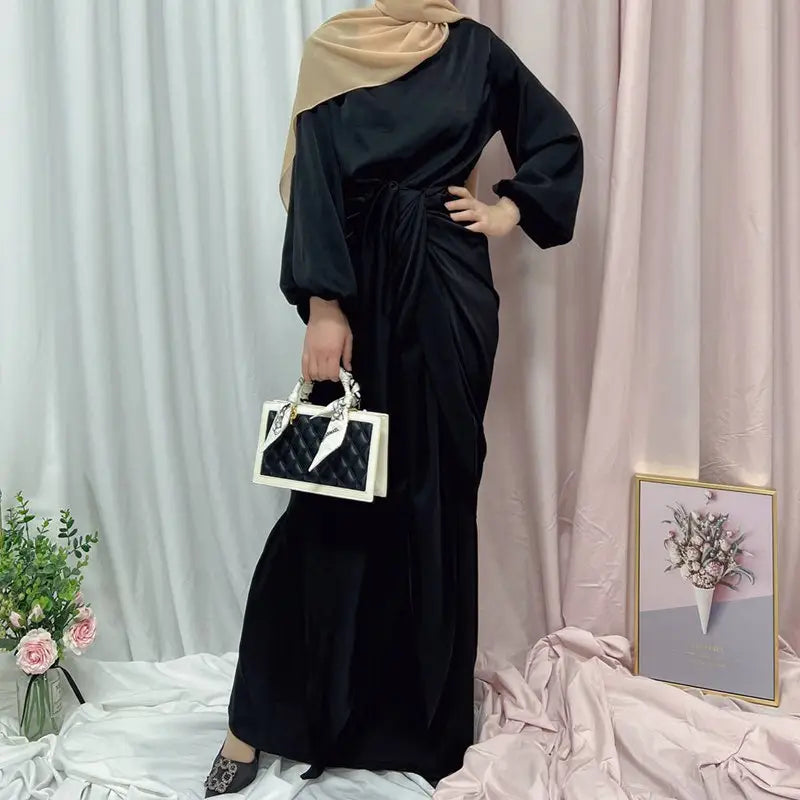 Elegant Satin Abaya Dress with Midi Wrap - Modest Muslim Women's Prayer Dress for Eid, Ramadan & Special Occasions