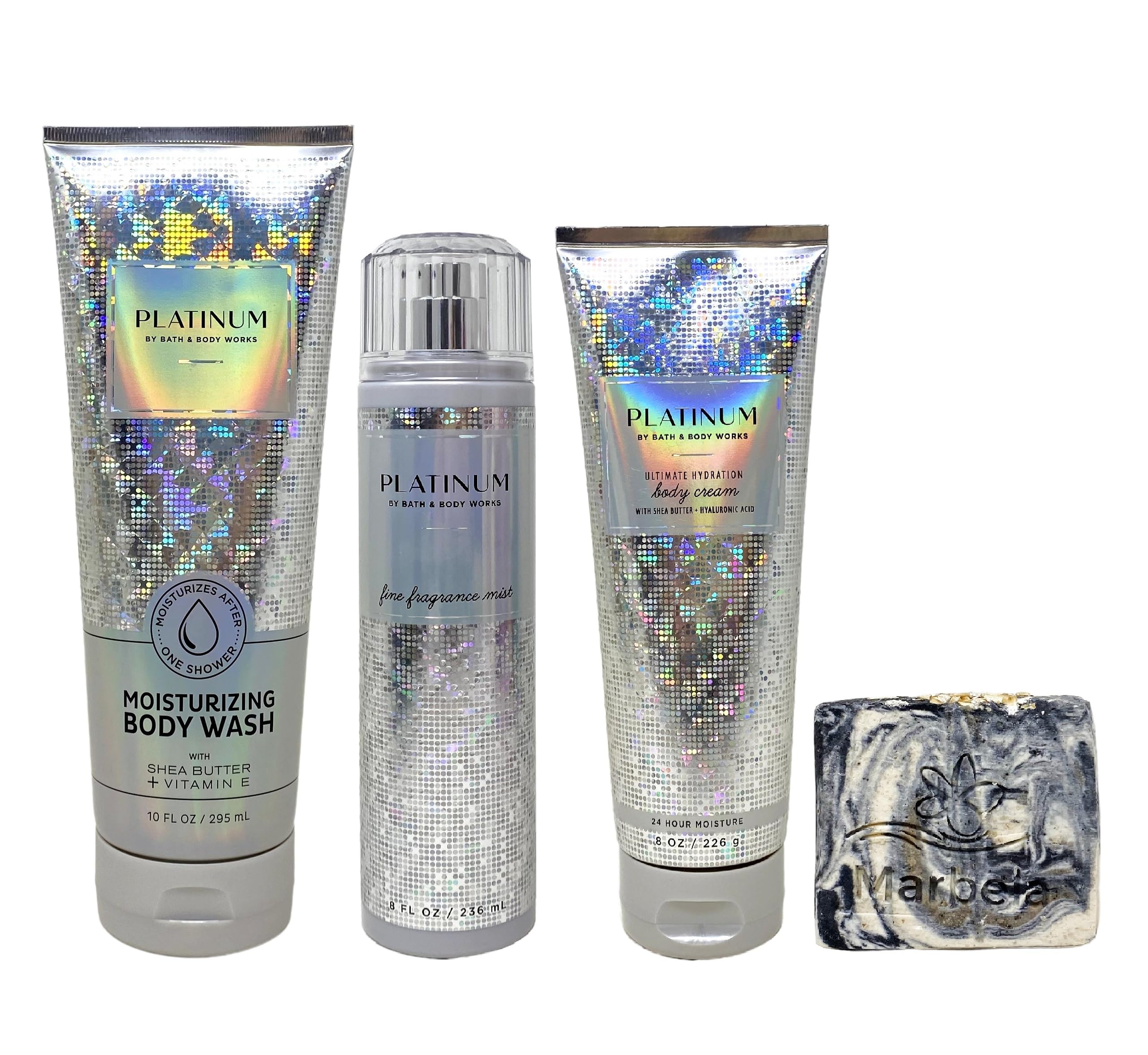 Bath & Body Works Platinum 3-Piece Fragrance Gift Set - Moisturizing Body Wash, Fragrance Mist & Body Cream with Charcoal Scrub Bar Soap - Full Size Luxury Skincare Bundle for Women - Perfect for Gifts, Self-Care & Spa Days