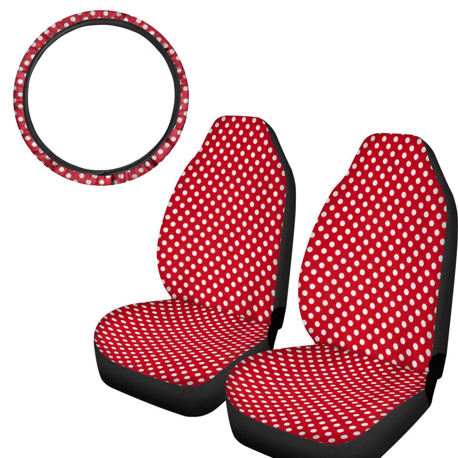 Dreaweet Soft Universal Car Seat Covers Set of 3 with Steering Wheel Cover - Stylish Dots Print for SUV, Van, Trucks - Comfortable & Fashionable Car Interior Accessories for Men & Women - Perfect for Road Trips, Daily Commutes & Car Decor