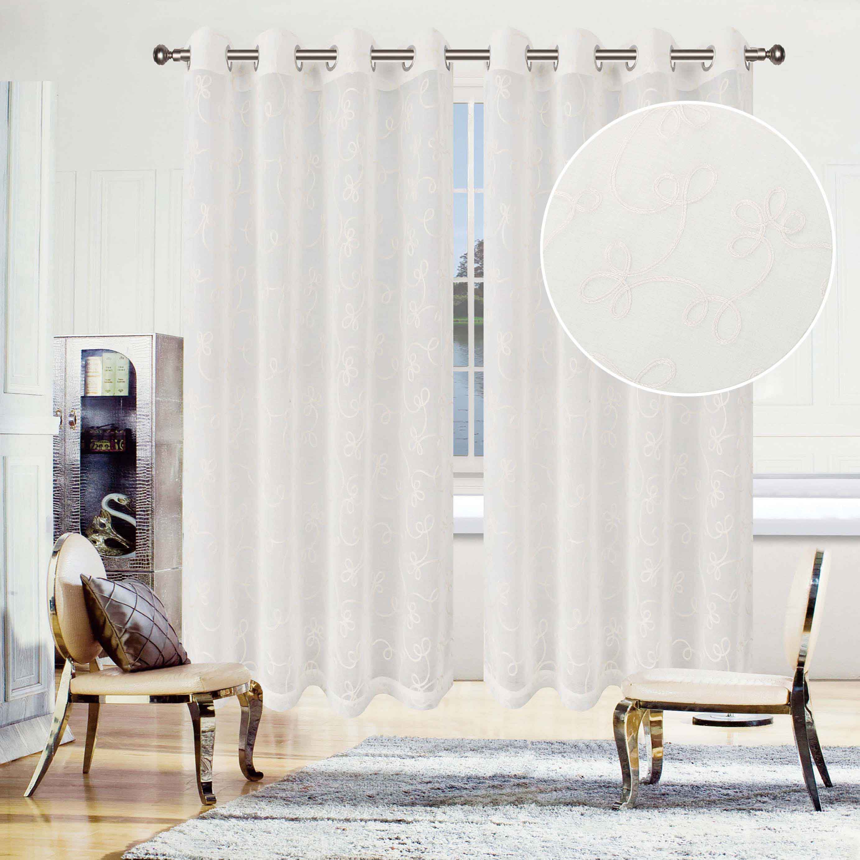 Embroidered Lightweight Sheer Floral Scroll Curtain Panel Set - Elegant Window Treatment for Living Room, Bedroom & Nursery Decor