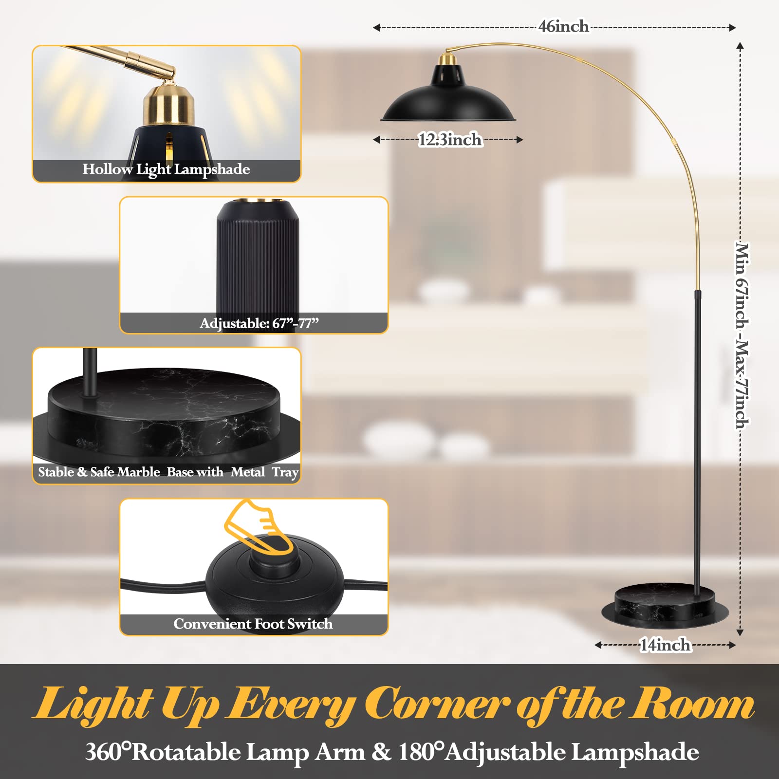 360° Rotatable Industrial Arc Floor Lamp with Marble Base - Black Gold Standing Lamp for Living Room, Bedroom, Office | Reading Light for Couch, Sofa & Desk | Modern Tall Metal Lamp for Home Decor