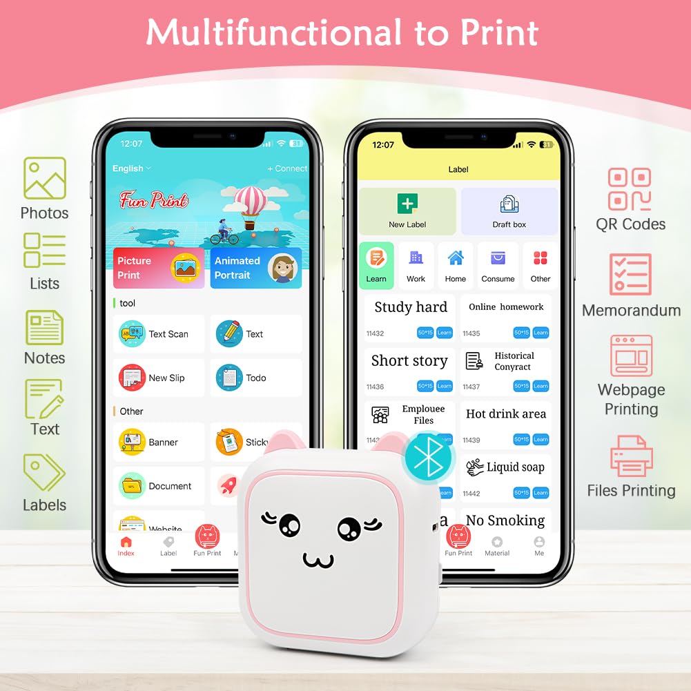 Mini Portable Wireless Thermal Printer - Inkless Sticker Printer for Phone with 10 Roll Papers | Cute Pink Printer for Scrapbooking, Note Taking & DIY Projects | Perfect Gift for Students, Artists & Craft Lovers | Home, Office & School Use