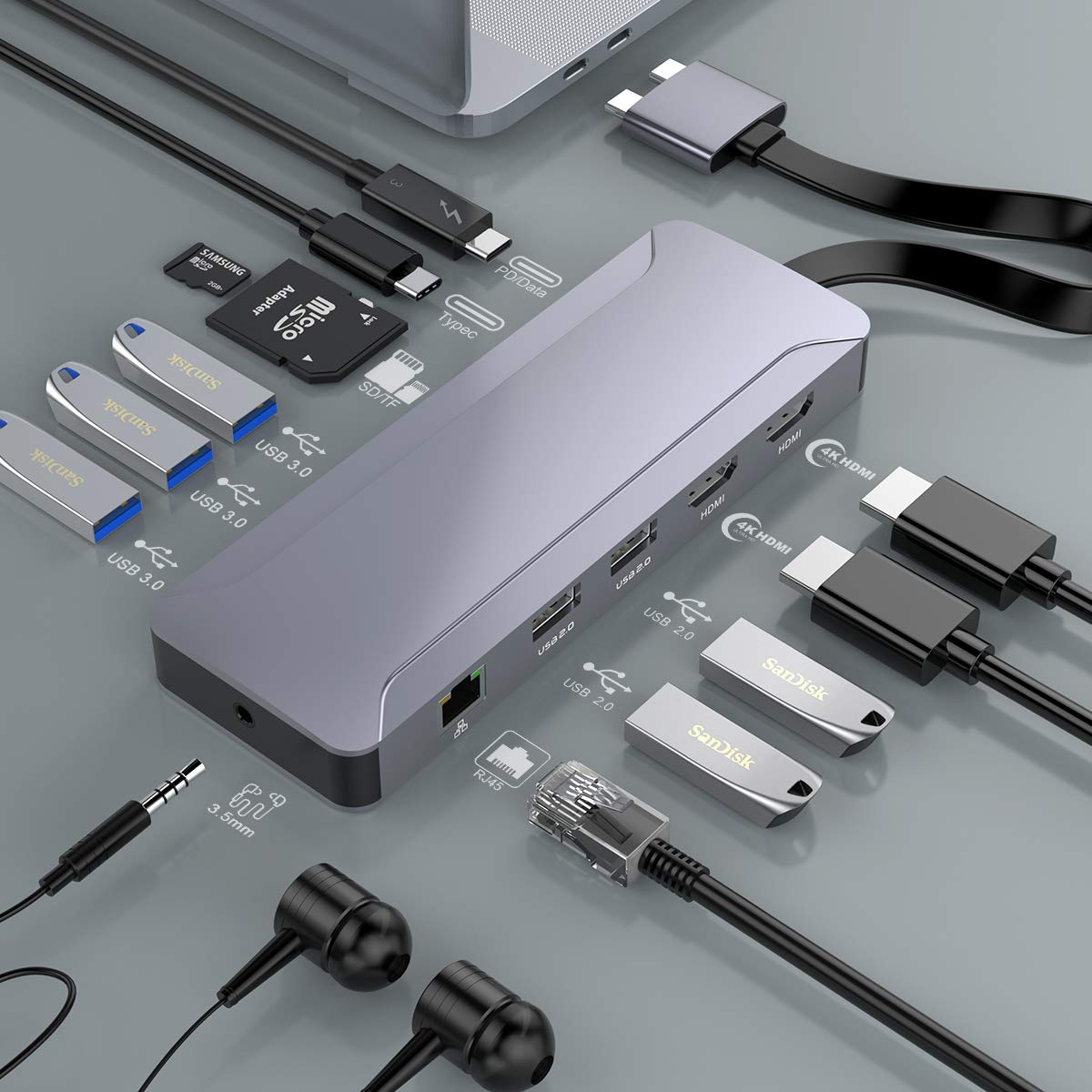 MacBook Pro Docking Station with 4K Triple Display - 13-in-2 USB C Hub for MacBook Pro/Air | 2 HDMI Ports, 5 USB Ports, RJ45 Ethernet, SD/TF Card Reader, 100W PD Charging, Audio & USB C Ports | Perfect for Home Office, Video Editing & Multi-Monitor Setup