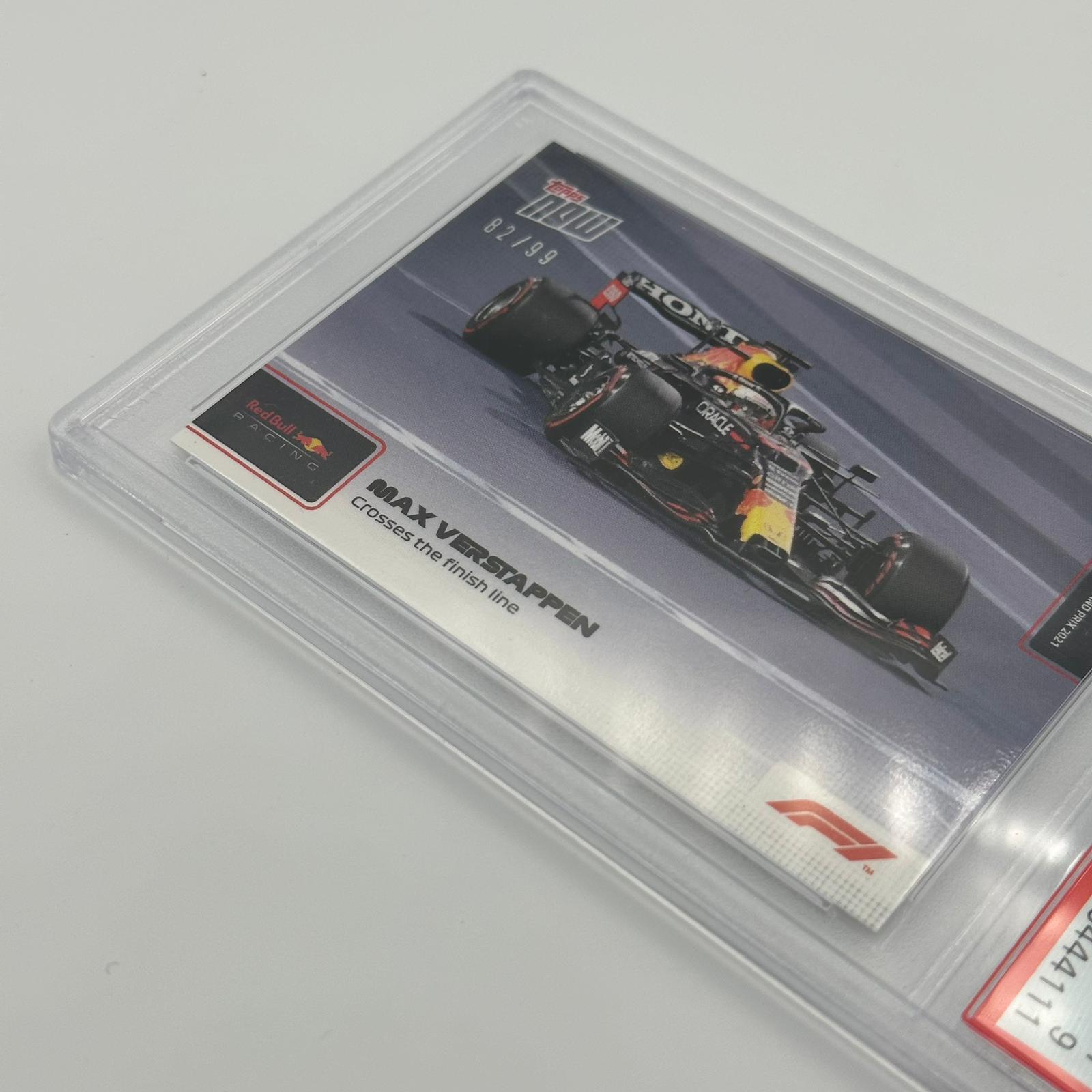 PSA 9 Graded /99 Max Verstappen Crosses The Finish Line #82 - Limited Edition Racing Collectible for F1 Fans & Sports Memorabilia Enthusiasts - Perfect for Display in Man Caves, Sports Bars & Collector Showcases