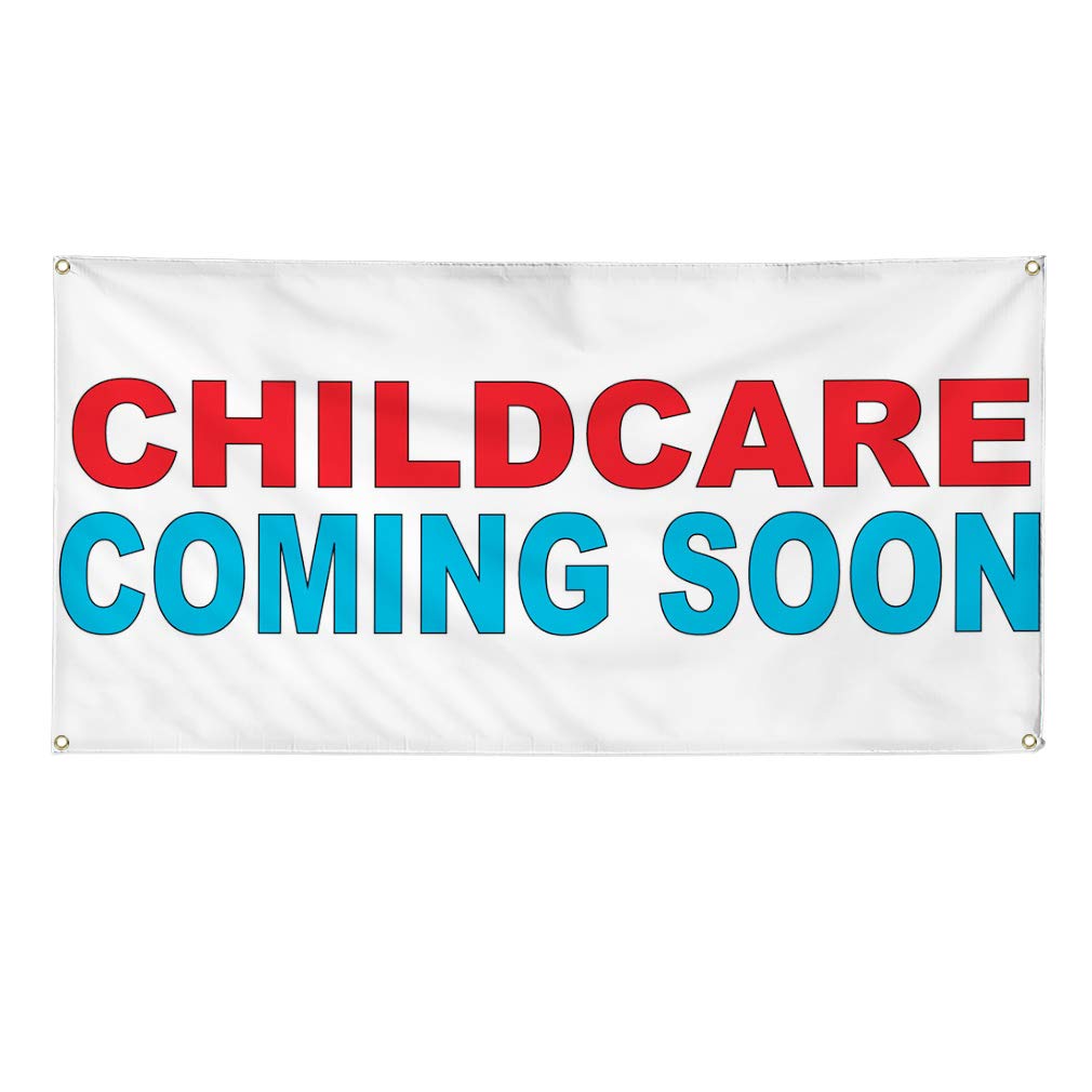 Custom Vinyl Banner - Childcare Coming Soon Sign - Red & Blue Weatherproof Business Yard Sign - 60x144 Inches with 10 Grommets - Perfect for Outdoor Advertising, School Announcements & Grand Openings