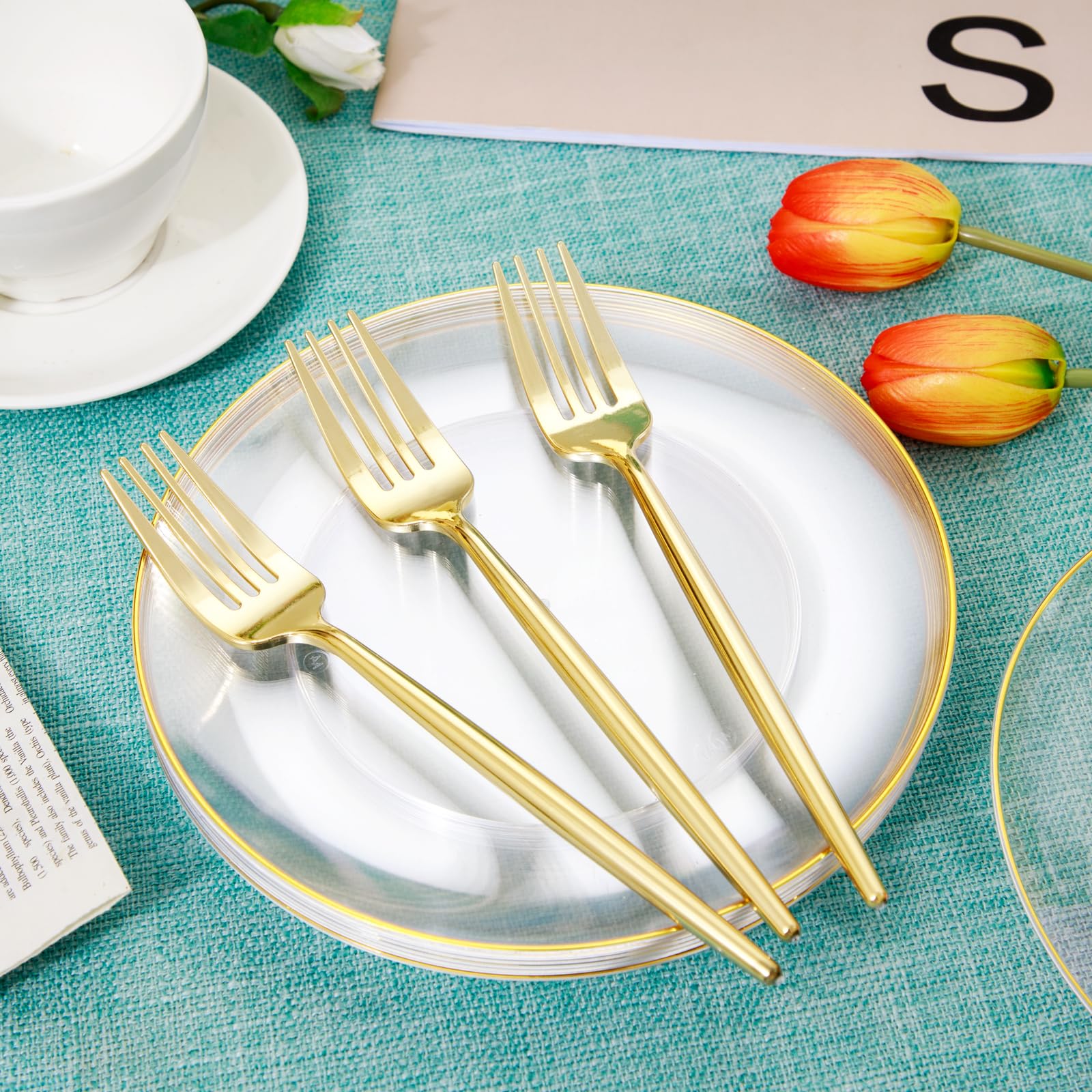 100-Pack Clear Gold Disposable Dessert Plates with Plastic Gold Forks - Elegant Wedding, Party, Birthday Cake Serving Plates for Events & Catering