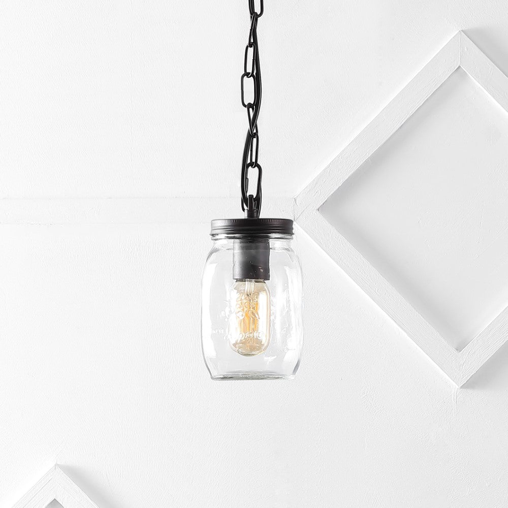 Farmhouse Industrial Iron Mason Jar LED Pendant Light - 5.5 Inch Rustic Hanging Fixture for Kitchen, Dining Room, Bar & Outdoor Decor