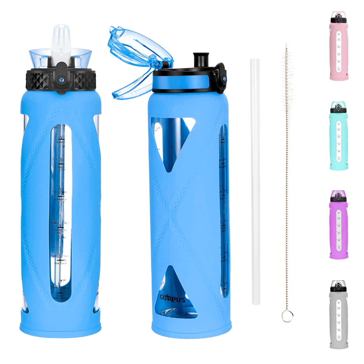 GOPPUS 32 oz Glass Water Bottle with Straw & Flip Lid - Motivational Time Marker, Leakproof, BPA Free, Silicone Sleeve - Perfect for Gym, Hiking, Office & School (Blue)