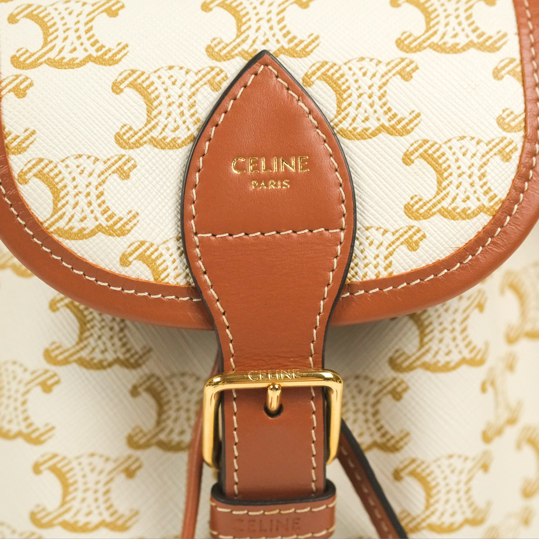 Celine Mini Floco Backpack in Triomphe Canvas - White & Tan Calfskin Leather | Stylish Luxury Backpack for Women, Travel & Everyday Use