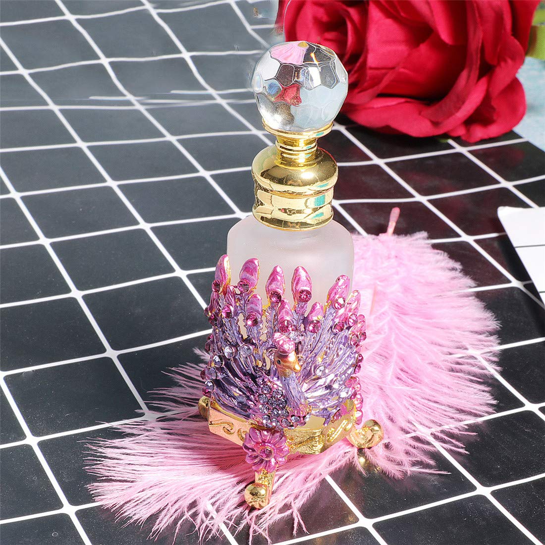 Waltz&F Vintage Peacock Octagon Frosted Glass Perfume Bottle - 12ml Refillable Essential Oil Bottle with Jeweled Design (Pink) | Perfect for Home Fragrance, Gift Giving & Aromatherapy