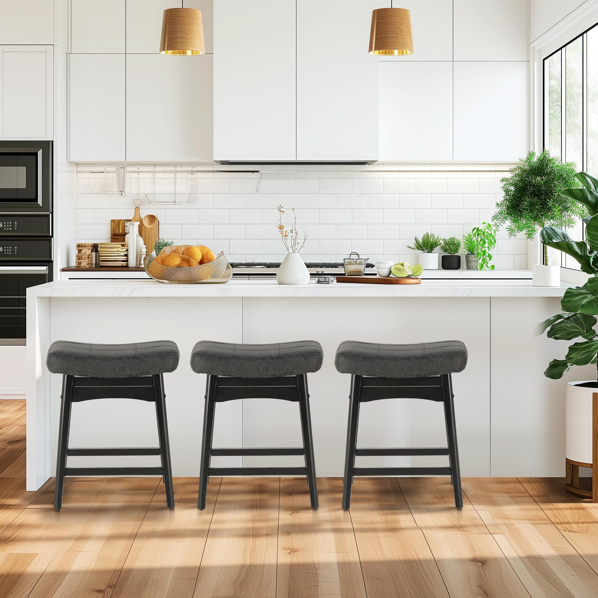 MAISON ARTS Set of 3 Black Counter Height Bar Stools - Solid Wood Legs & Faux Leather Saddle Seat - 24in Height for 34