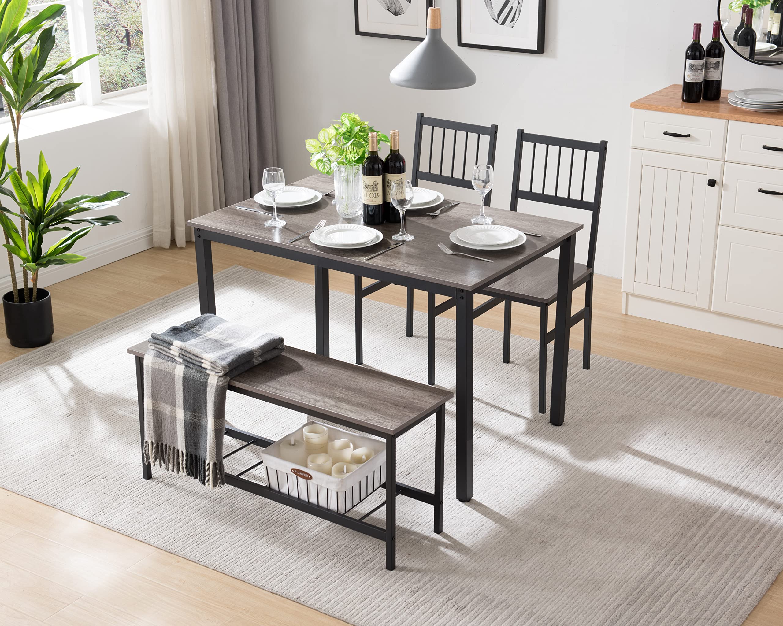 4-Piece Kitchen Table Set with 2 Chairs & Bench - Compact Dining Table for Small Spaces, Studio Apartments & Dorm Rooms - Sturdy, Noise-Free Design for Everyday Meals & Entertaining
