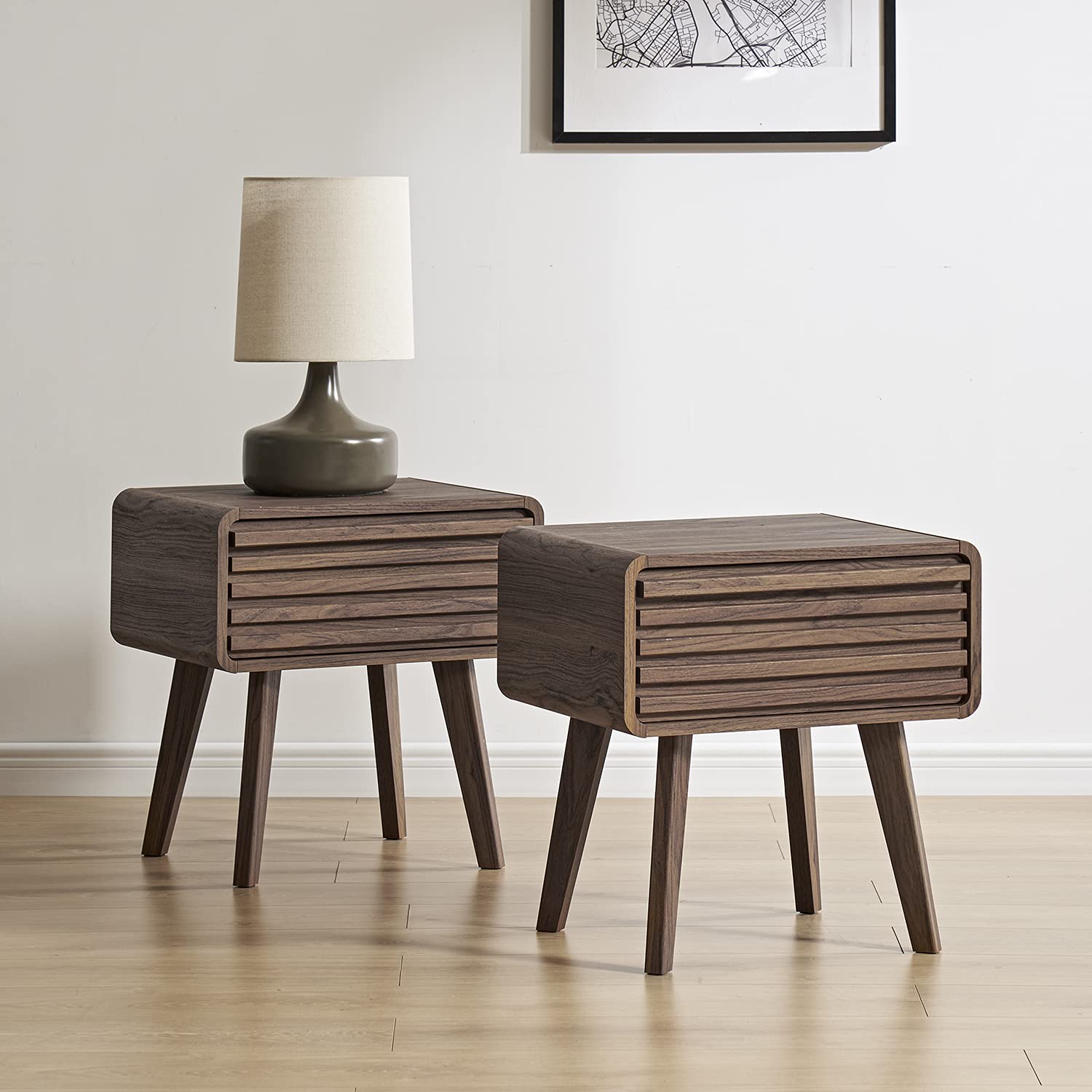 Ensley Mid Century Modern Nightstand with Drawer - Set of 2 Small Bedside Tables with Storage, End Tables for Living Room & Bedroom - Perfect for Bedside Organization & Living Room Decor