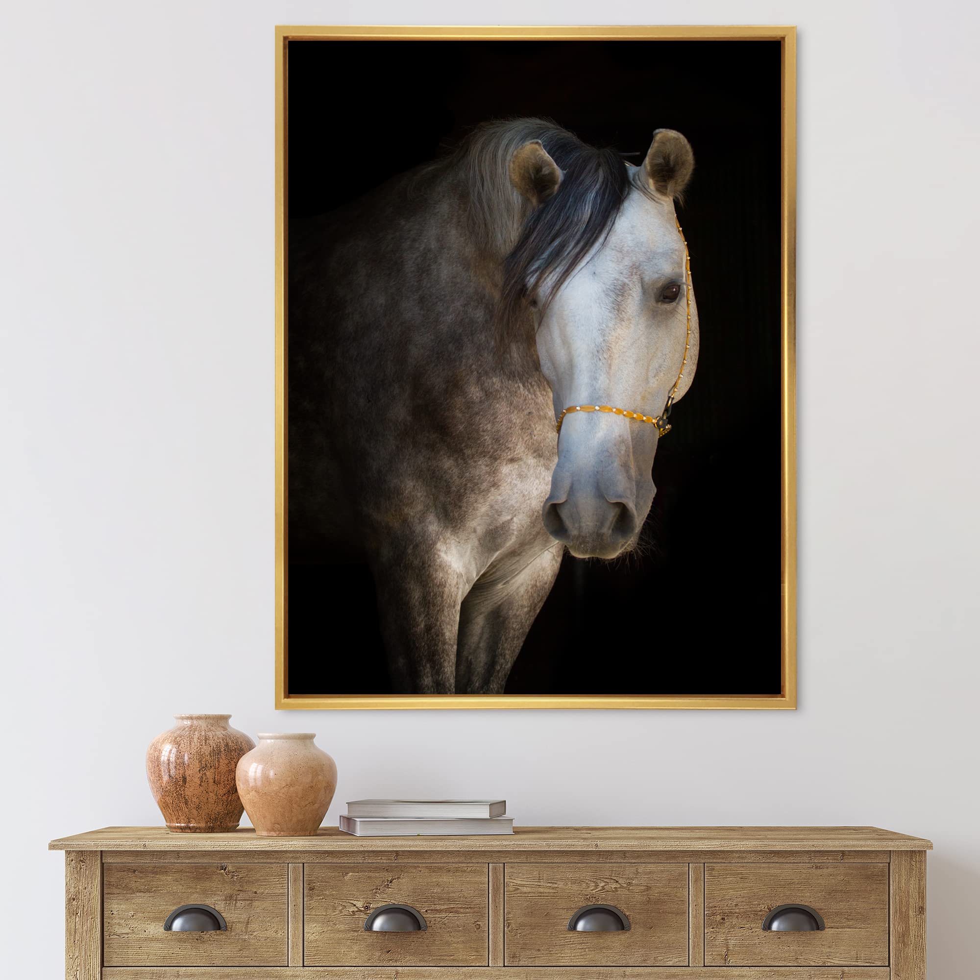 White Horse Portrait - Farmhouse Framed Canvas Wall Art Print for Living Room, Bedroom & Office Decor