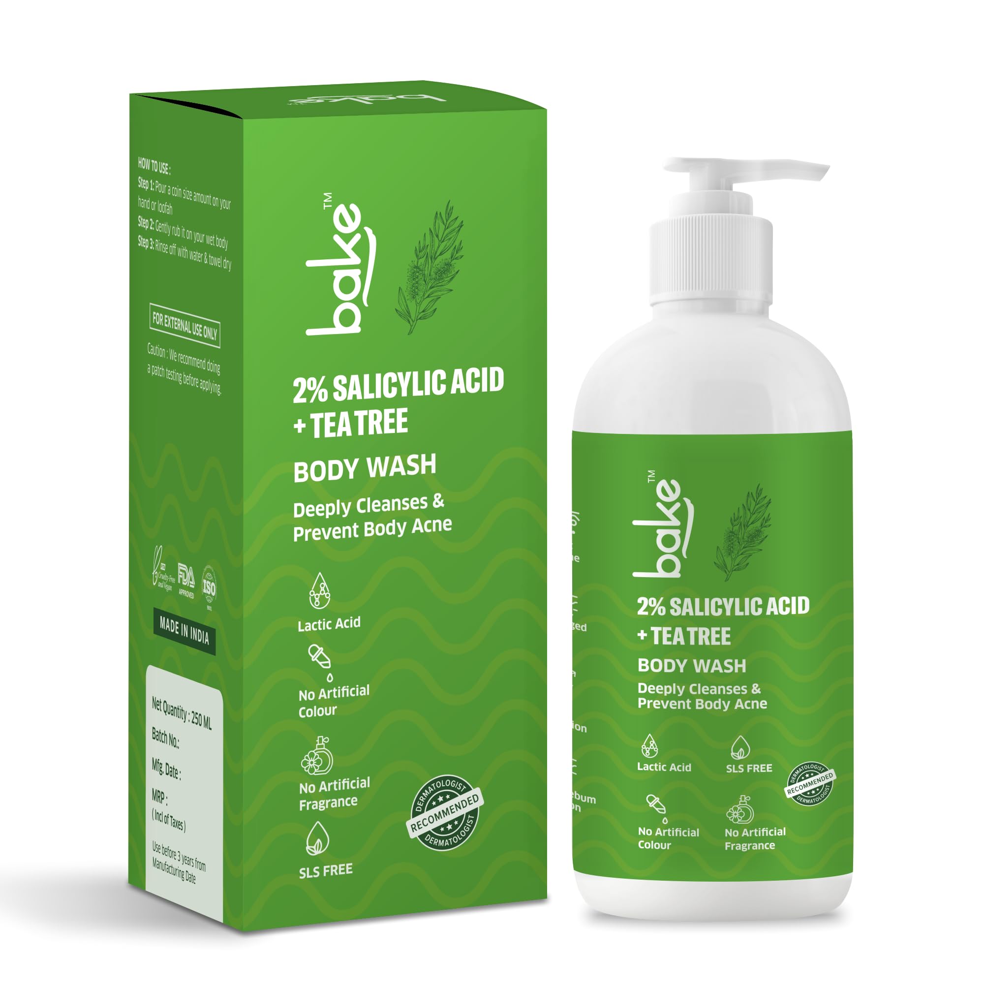 BAKE 2% Salicylic Acid & Lactic Acid Body Wash for Body Acne Treatment - Prevents Back Acne, Bumpy Skin, Reduces Inflammation & Strawberry Legs - Unisex Exfoliating Body Cleanser for Women & Men (250ml) - Perfect for Shower Routine & Post-Workout Skin Care